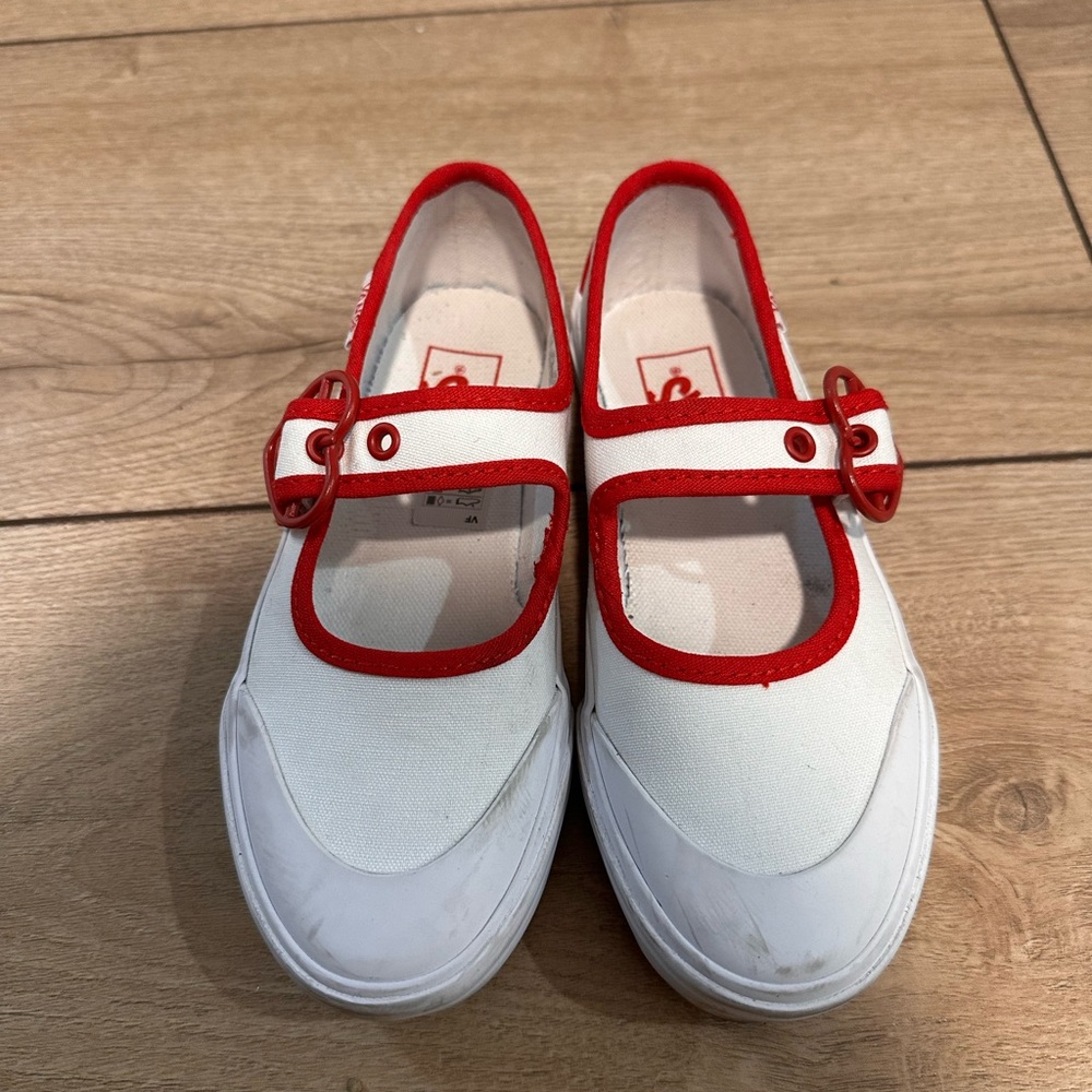 Kids Vans White Canvas Mary Jane Shoes with Red Trim